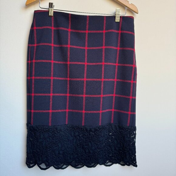 Michael Kors Women's Pencil Skirt Size 8 Dark Navy & Red Plaid with Lace Hem - Picture 1 of 10